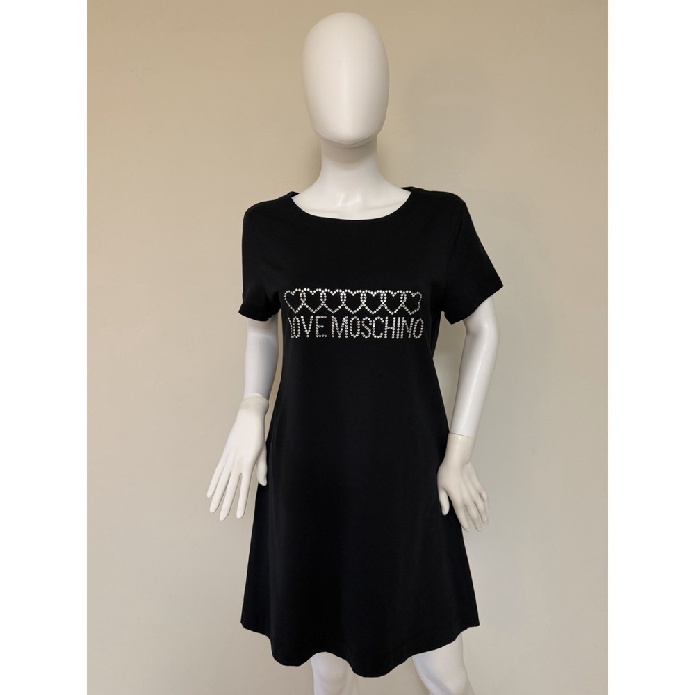 Rare Love Moschino Black 100% Cotton T Shirt Dress With‎ Rhinestone Design US 12